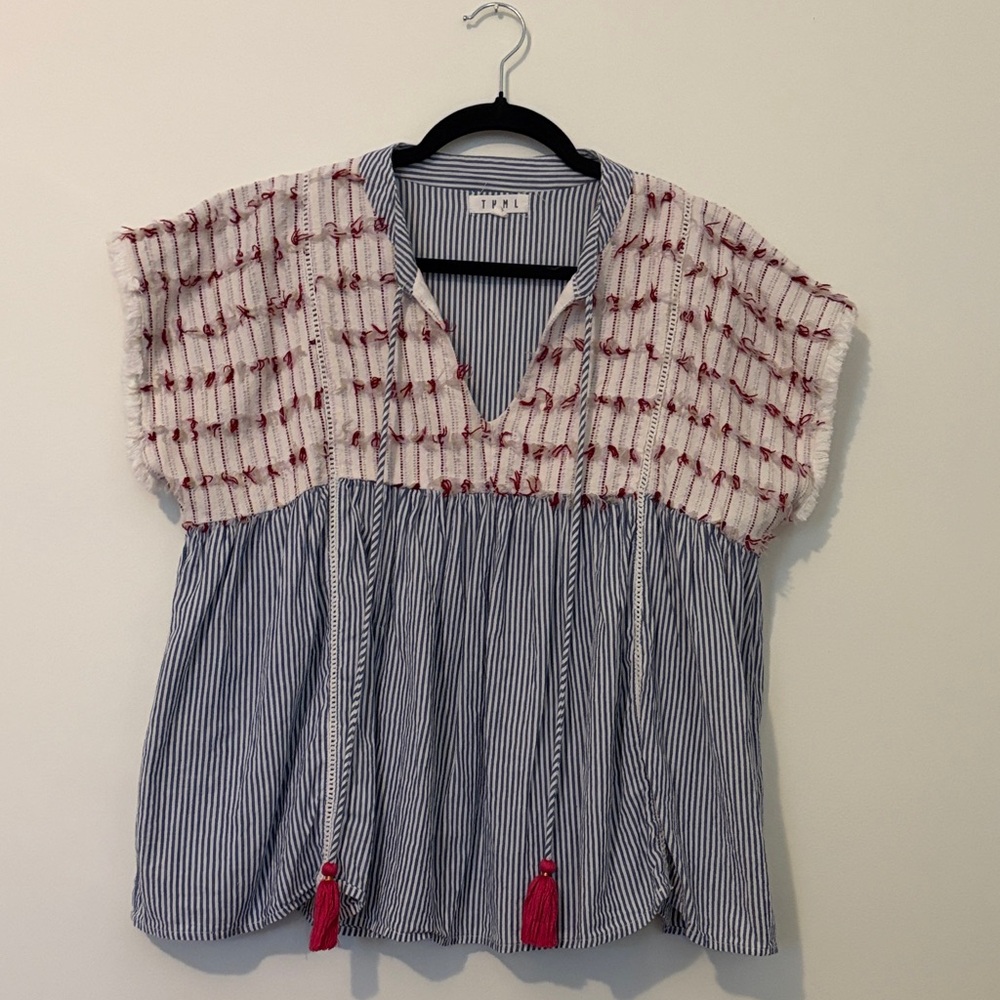 THML Blue and White Striped Blouse with Red Accents